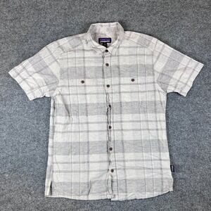 Patagonia Back Step Shirt Mens M Gray White Plaid Hemp Blend Button Up